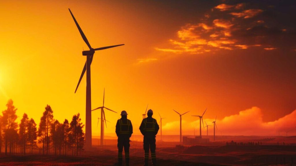 2 Men watching at the wind turbines spread in over large area