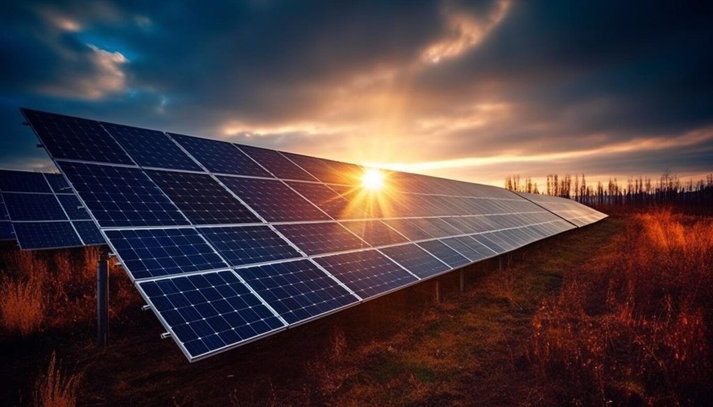 sunset sky reflects solar panel sustainable power generation